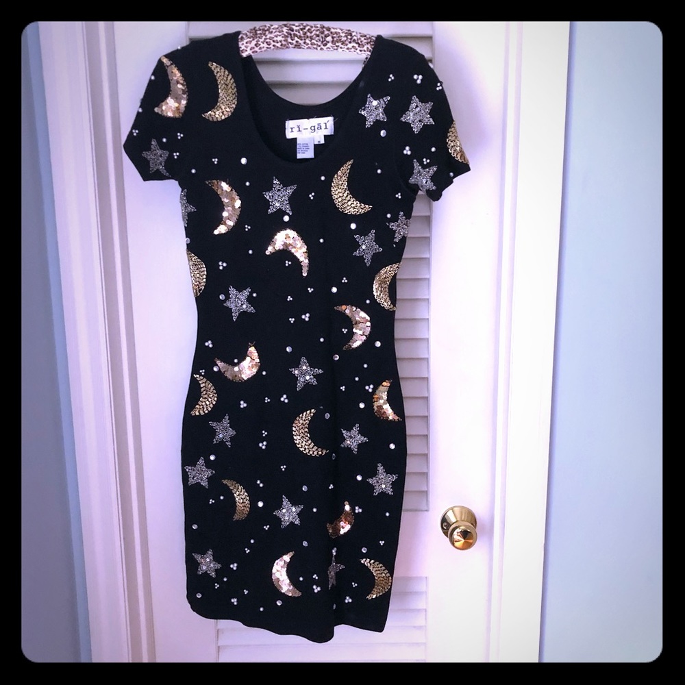 Vintage 90s cocktail bodycon dress stars moon bead